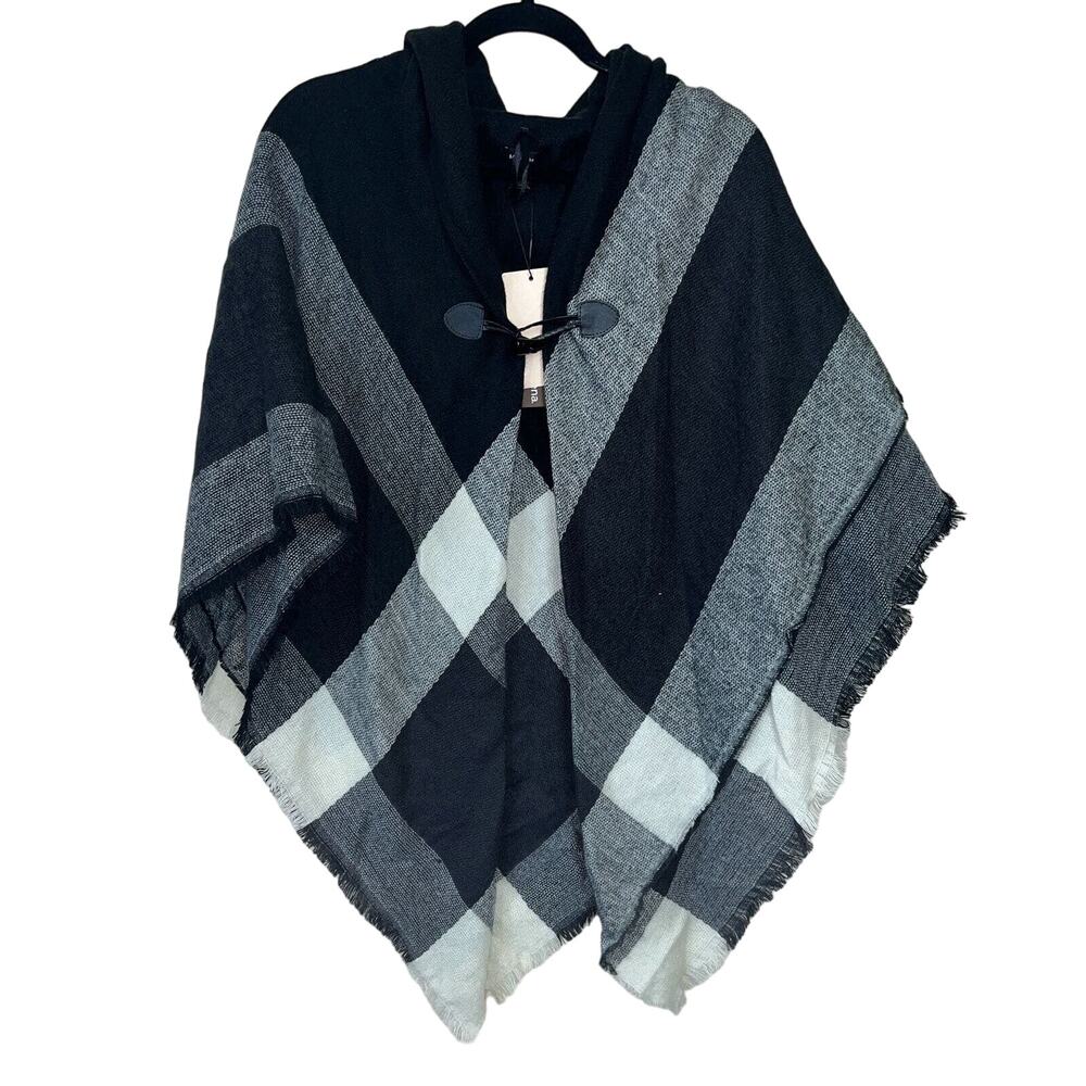 Modena Womens OS Black White Gray Plaid Shawl Scarf Fringe Hem NEW
